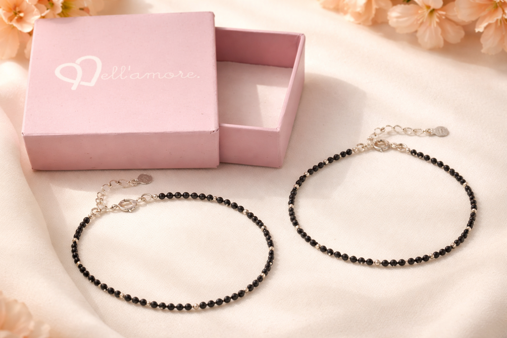 925 Silver Black Beads Anklet