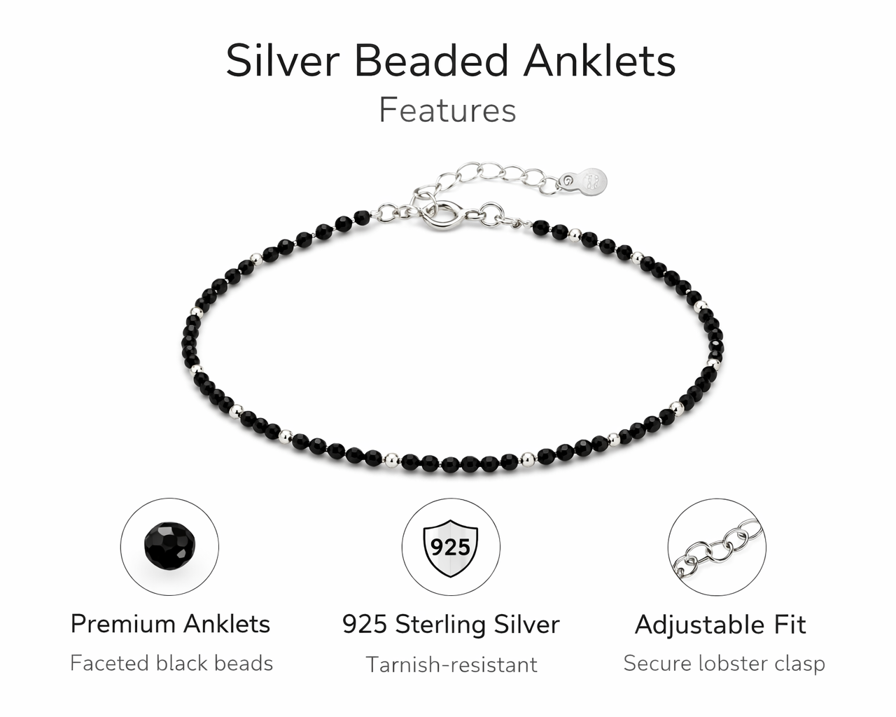 925 Silver Black Beads Anklet