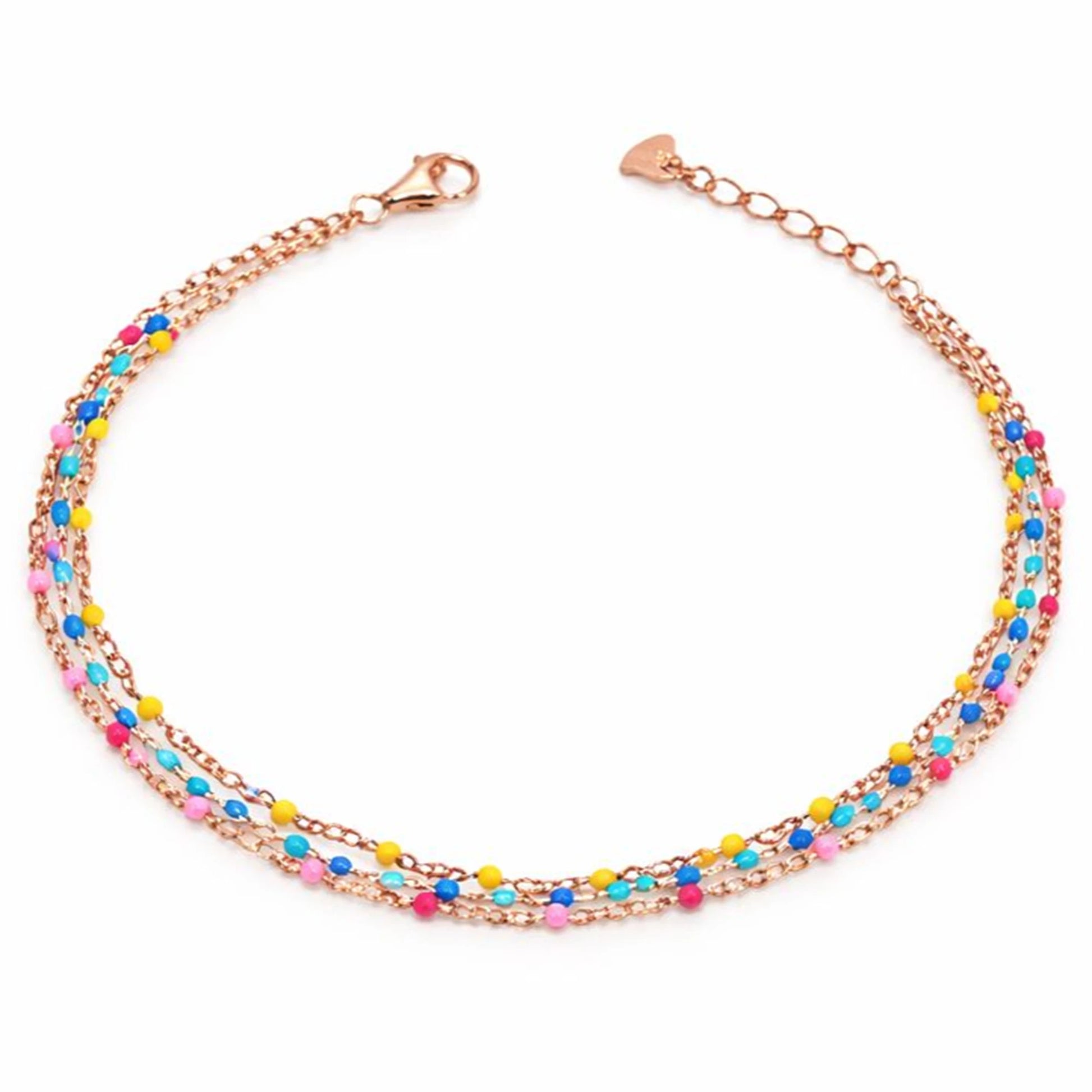 925 Sterling Silver Rose Gold Plated Multi-Color Enamel Beaded Triple-Layer Anklet| Silver Anklet Gift For Women & Girls| Adjustable | Lightweight Silver Anklet | Anklet For Daily Wear| Hallmarked 925 Silver Anklet
