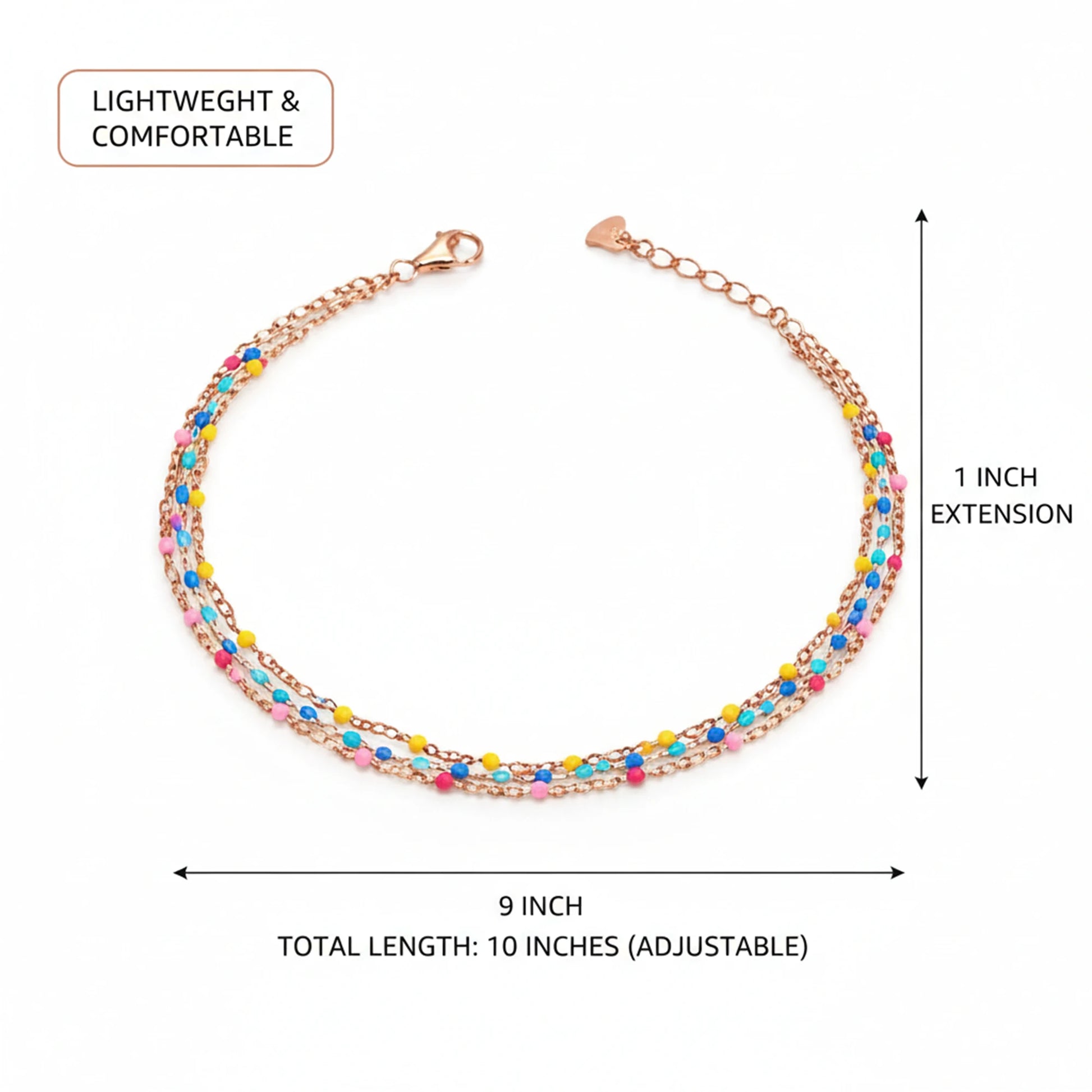 925 Sterling Silver Rose Gold Plated Multi-Color Enamel Beaded Triple-Layer Anklet| Silver Anklet Gift For Women & Girls| Adjustable | Lightweight Silver Anklet | Anklet For Daily Wear| Hallmarked 925 Silver Anklet