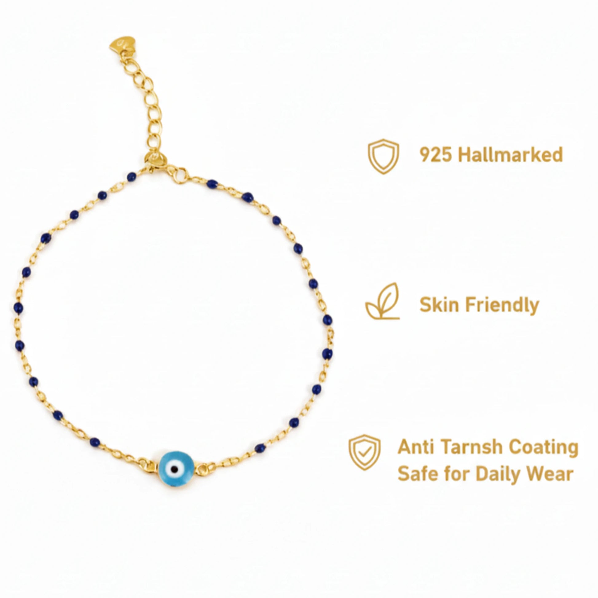 925 Sterling Silver Gold Plated Evil Eye & Enamel Beads Anklet| Ideal Gift For Girls & Women| Adjustable And Lightweight Anklet|For Daily Wear And Ocassionally| Hallmark 925 Silver
