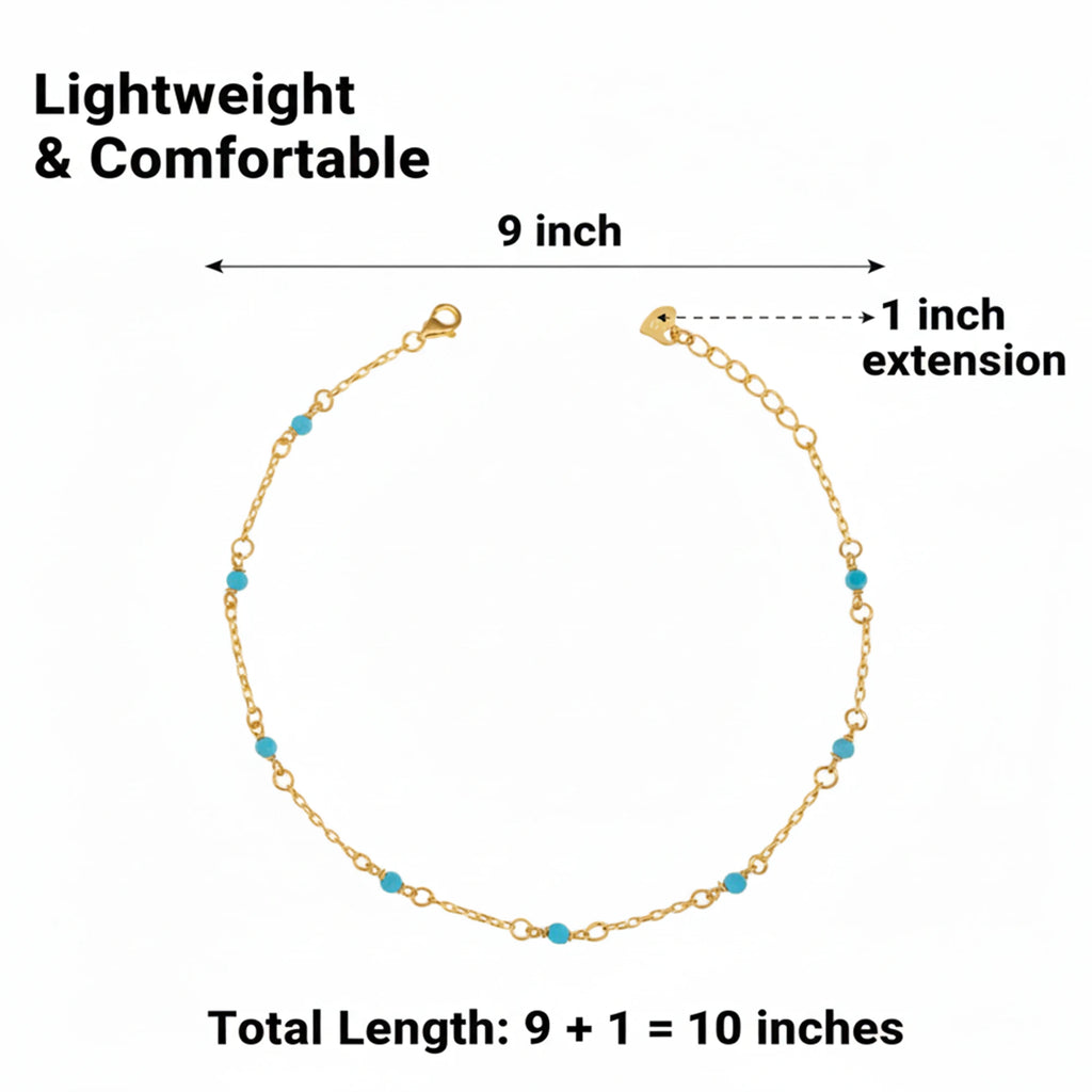 925 Sterling Silver Gold Plated Turquoise Beaded Anklet| Silver Anklet Gift For Women & Girls| Adjustable | Lightweight Silver Anklet | Anklet For Daily Wear| Hallmarked 925 Silver Anklet