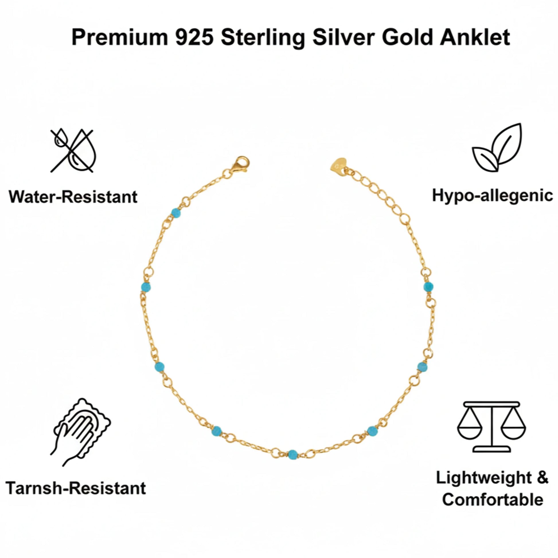 925 Sterling Silver Gold Plated Turquoise Beaded Anklet| Silver Anklet Gift For Women & Girls| Adjustable | Lightweight Silver Anklet | Anklet For Daily Wear| Hallmarked 925 Silver Anklet