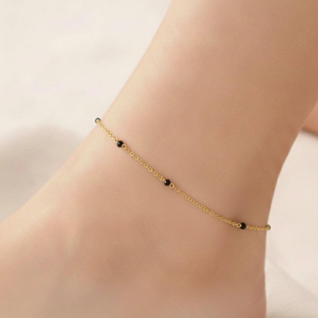 925 Sterling Silver Gold Plated Black Beads Anklet| Ideal Gift For Girls & Women| Adjustable And Lightweight Anklet|For Daily Wear And Ocassionally| Hallmark 925 Silver