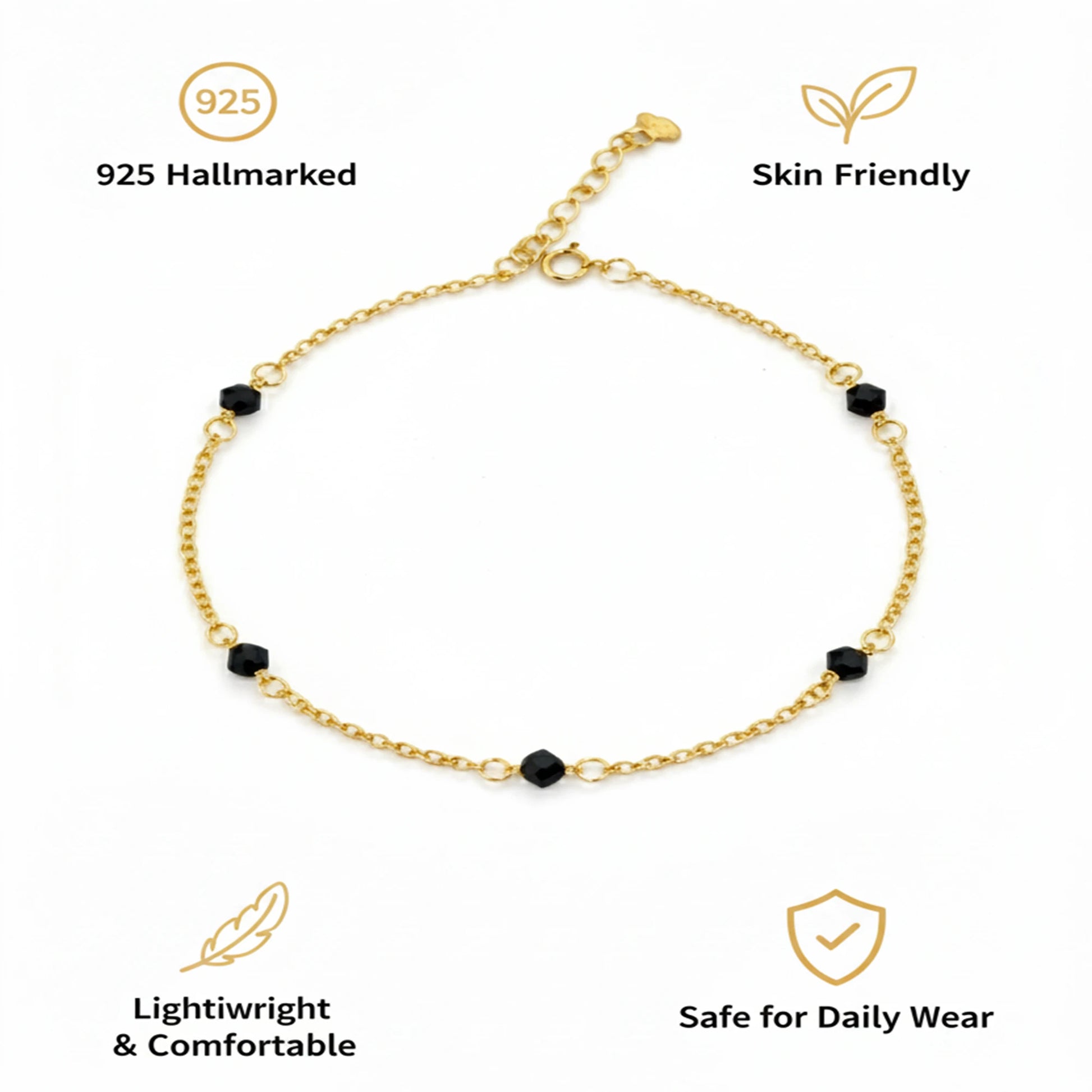 925 Sterling Silver Gold Plated Black Beads Anklet| Ideal Gift For Girls & Women| Adjustable And Lightweight Anklet|For Daily Wear And Ocassionally| Hallmark 925 Silver