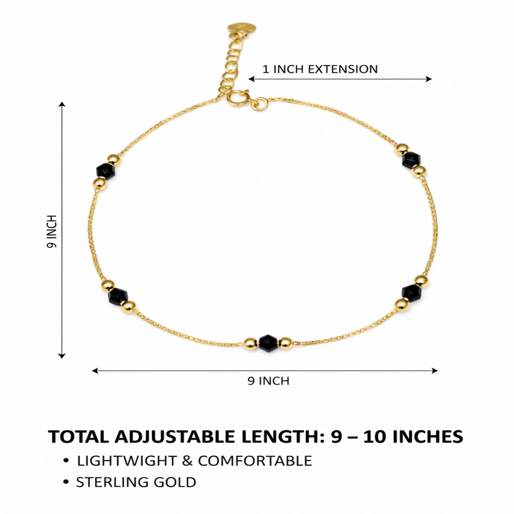925 Sterling Silver Gold Plated Black Beads Anklet| Ideal Gift For Girls & Women| Adjustable And Lightweight Anklet|For Daily Wear And Ocassionally| Hallmark 925 Silver