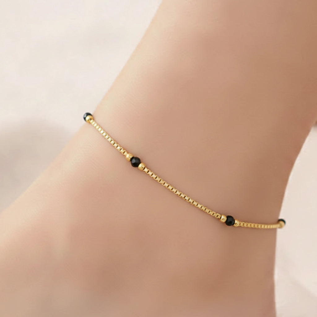 925 Sterling Silver Gold Plated Black Beads Anklet| Ideal Gift For Girls & Women| Adjustable And Lightweight Anklet|For Daily Wear And Ocassionally| Hallmark 925 Silver