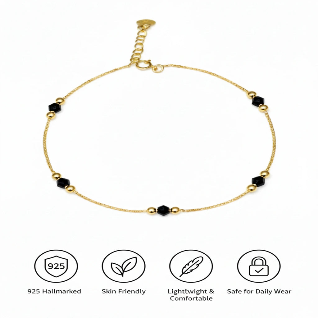 925 Sterling Silver Gold Plated Black Beads Anklet| Ideal Gift For Girls & Women| Adjustable And Lightweight Anklet|For Daily Wear And Ocassionally| Hallmark 925 Silver