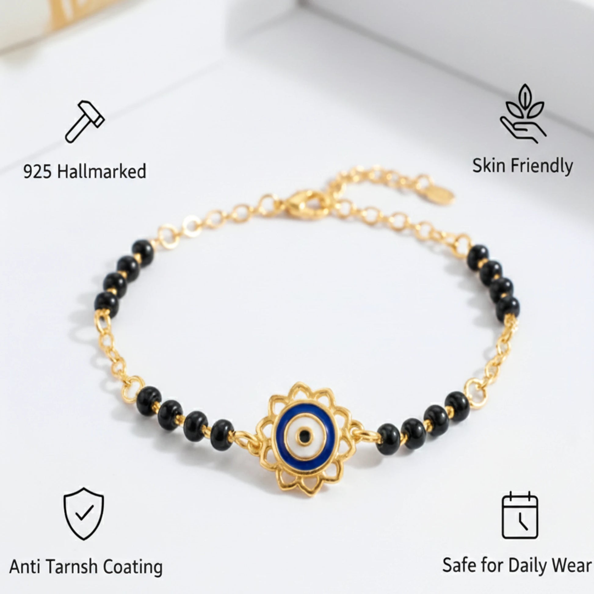 925 Sterling Silver Gold Plated Evil Eye Bracelet|| Ideal Gift For Girls & Women| Trendy Silver Gold Plated Bracelet| Adjustable & Lightweight| Hallmark 925 Silver