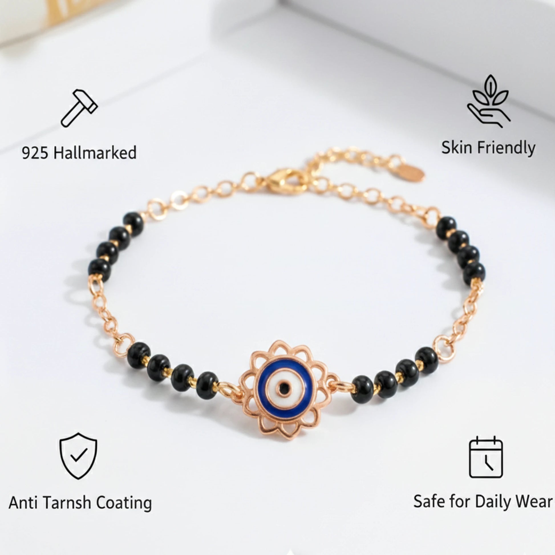 925 Sterling Silver Gold Plated Evil Eye Bracelet|| Ideal Gift For Girls & Women| Trendy Silver Gold Plated Bracelet| Adjustable & Lightweight| Hallmark 925 Silver