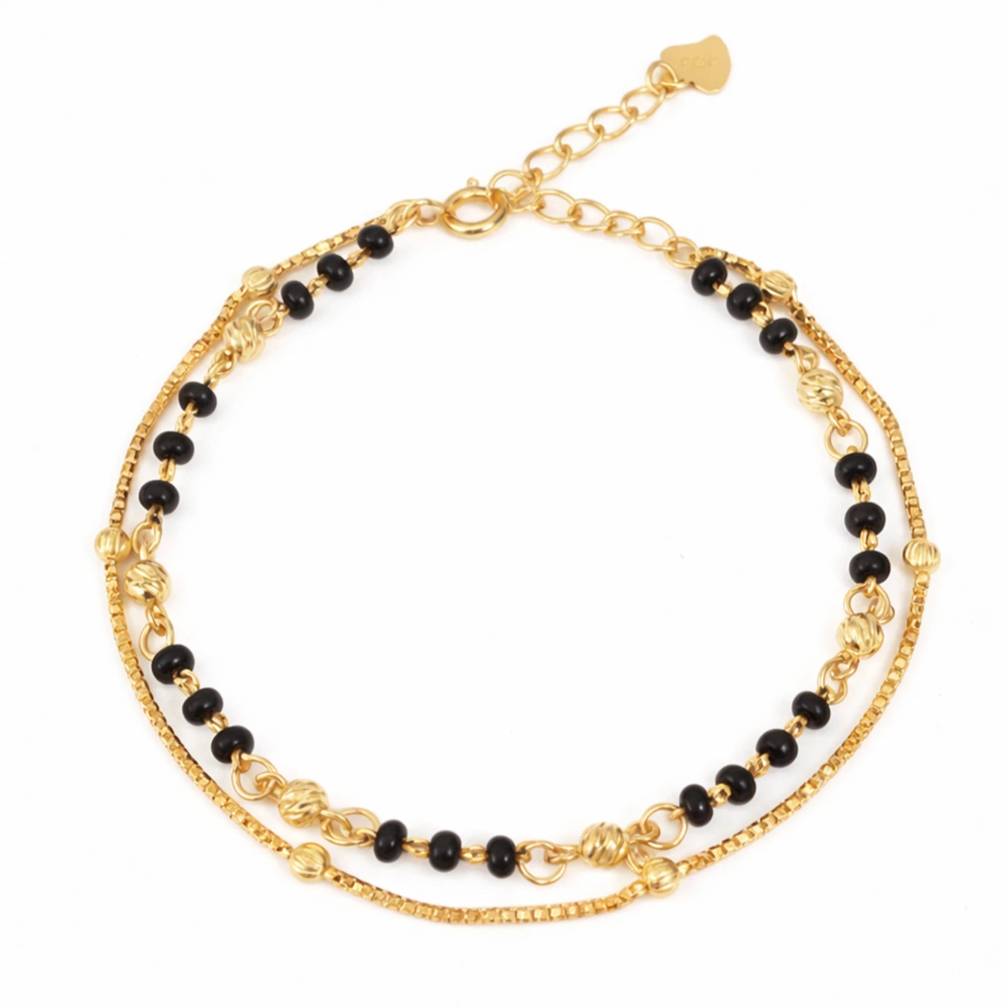 925 Sterling Silver Black Beads Double Layer Gold Plated Bracelet| Ideal Gift For Girls & Women| Trendy Silver Gold Plated Bracelet| Adjustable & Lightweight| Hallmark 925 Silver