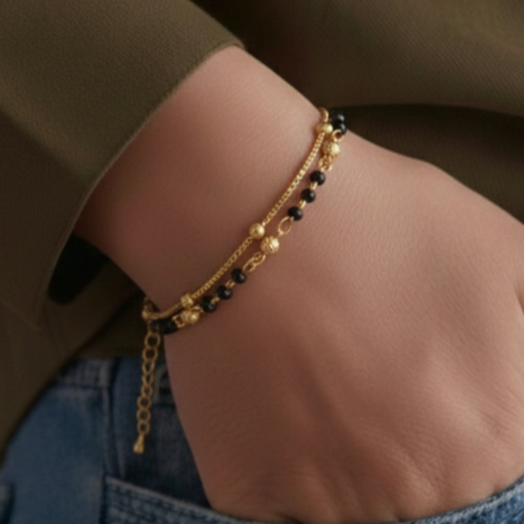925 Sterling Silver Black Beads Double Layer Gold Plated Bracelet| Ideal Gift For Girls & Women| Trendy Silver Gold Plated Bracelet| Adjustable & Lightweight| Hallmark 925 Silver