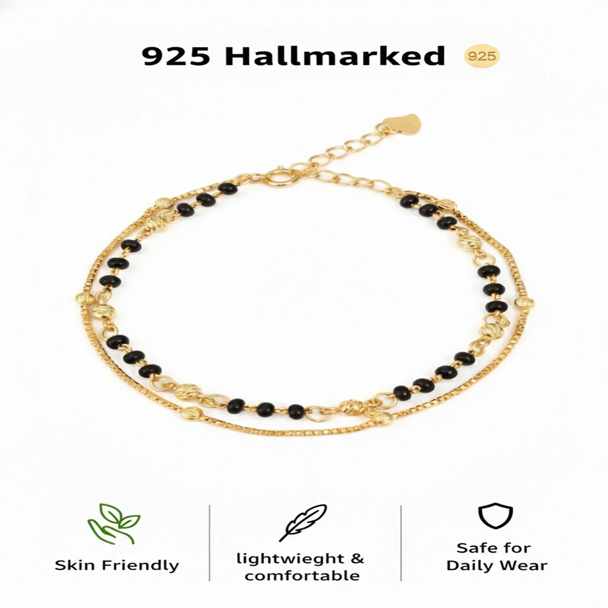925 Sterling Silver Black Beads Double Layer Gold Plated Bracelet| Ideal Gift For Girls & Women| Trendy Silver Gold Plated Bracelet| Adjustable & Lightweight| Hallmark 925 Silver