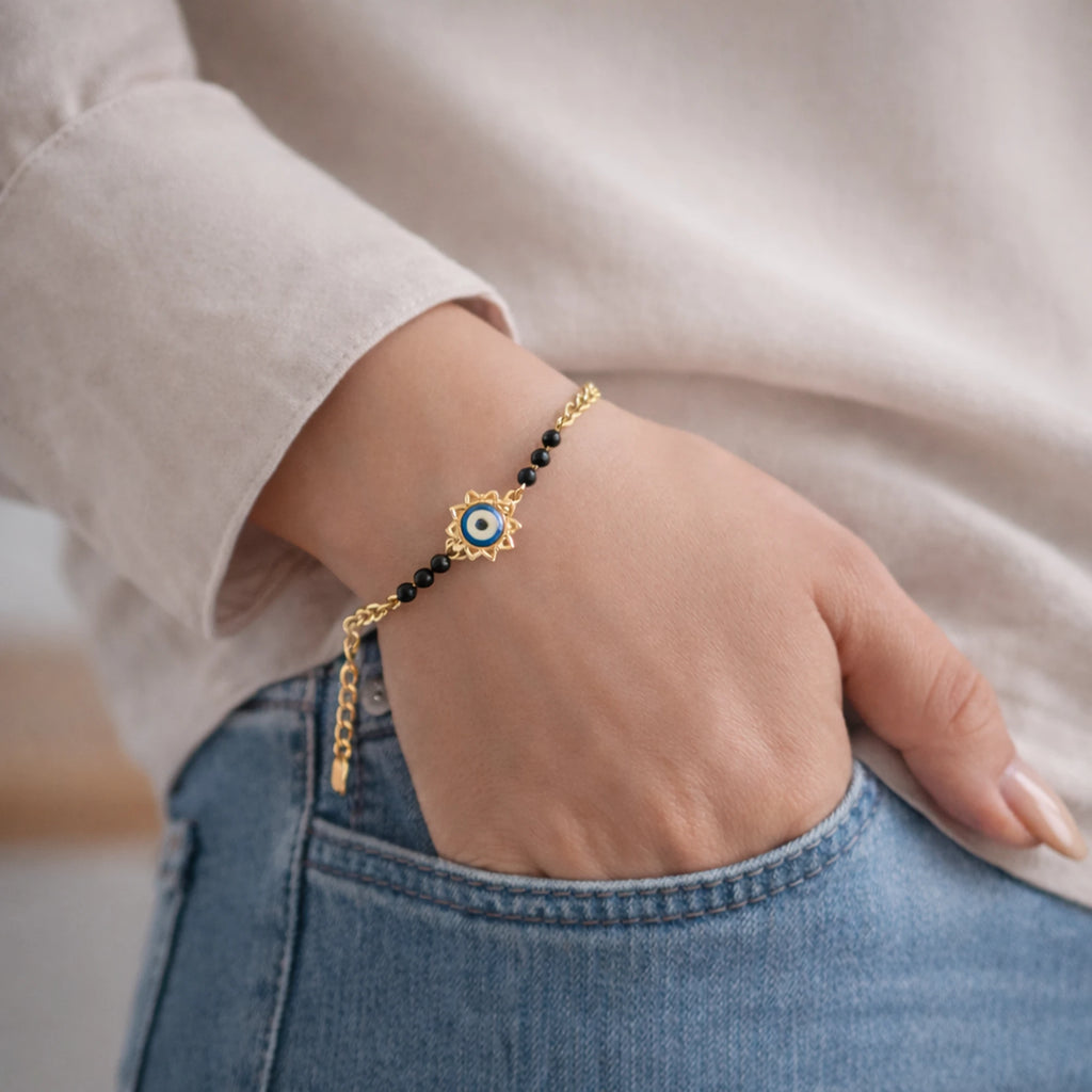 925 Sterling Silver Gold Plated Evil Eye Bracelet|| Ideal Gift For Girls & Women| Trendy Silver Gold Plated Bracelet| Adjustable & Lightweight| Hallmark 925 Silver
