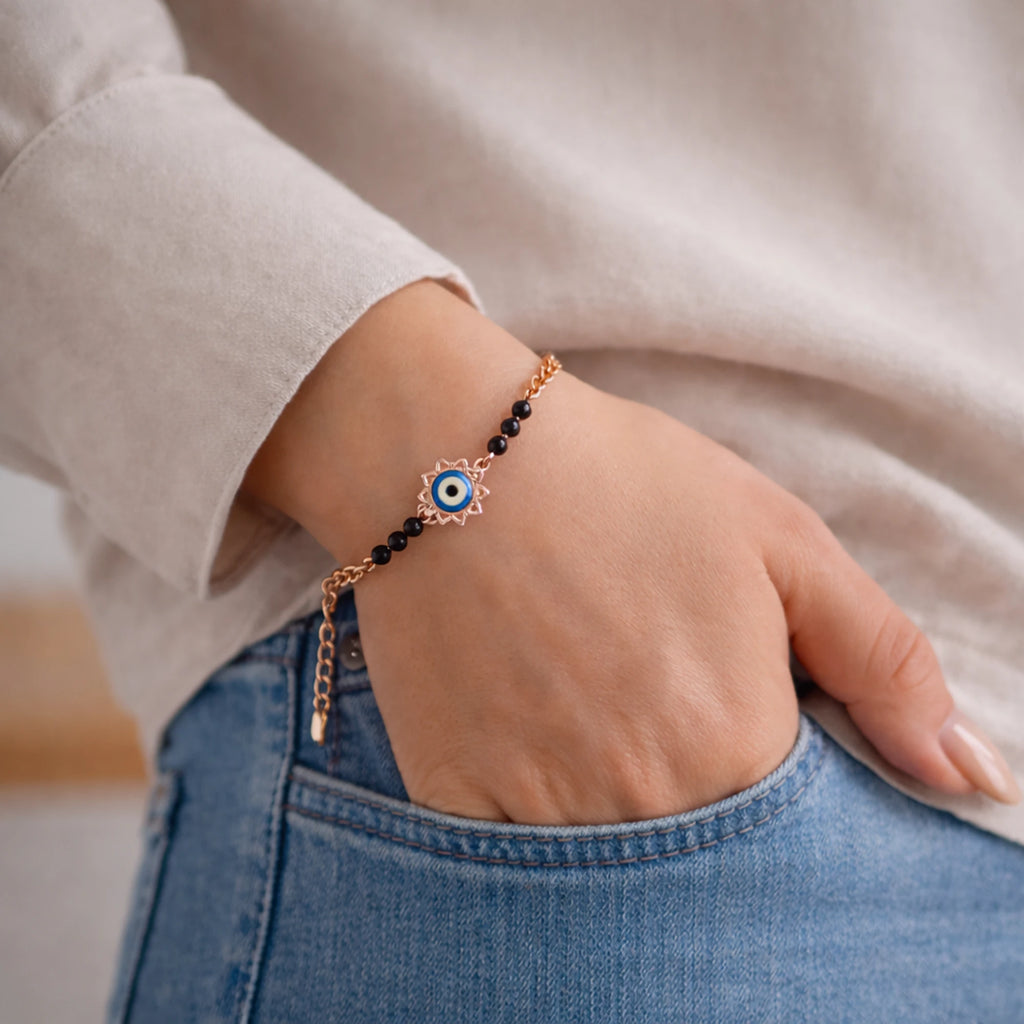 925 Sterling Silver Gold Plated Evil Eye Bracelet|| Ideal Gift For Girls & Women| Trendy Silver Gold Plated Bracelet| Adjustable & Lightweight| Hallmark 925 Silver