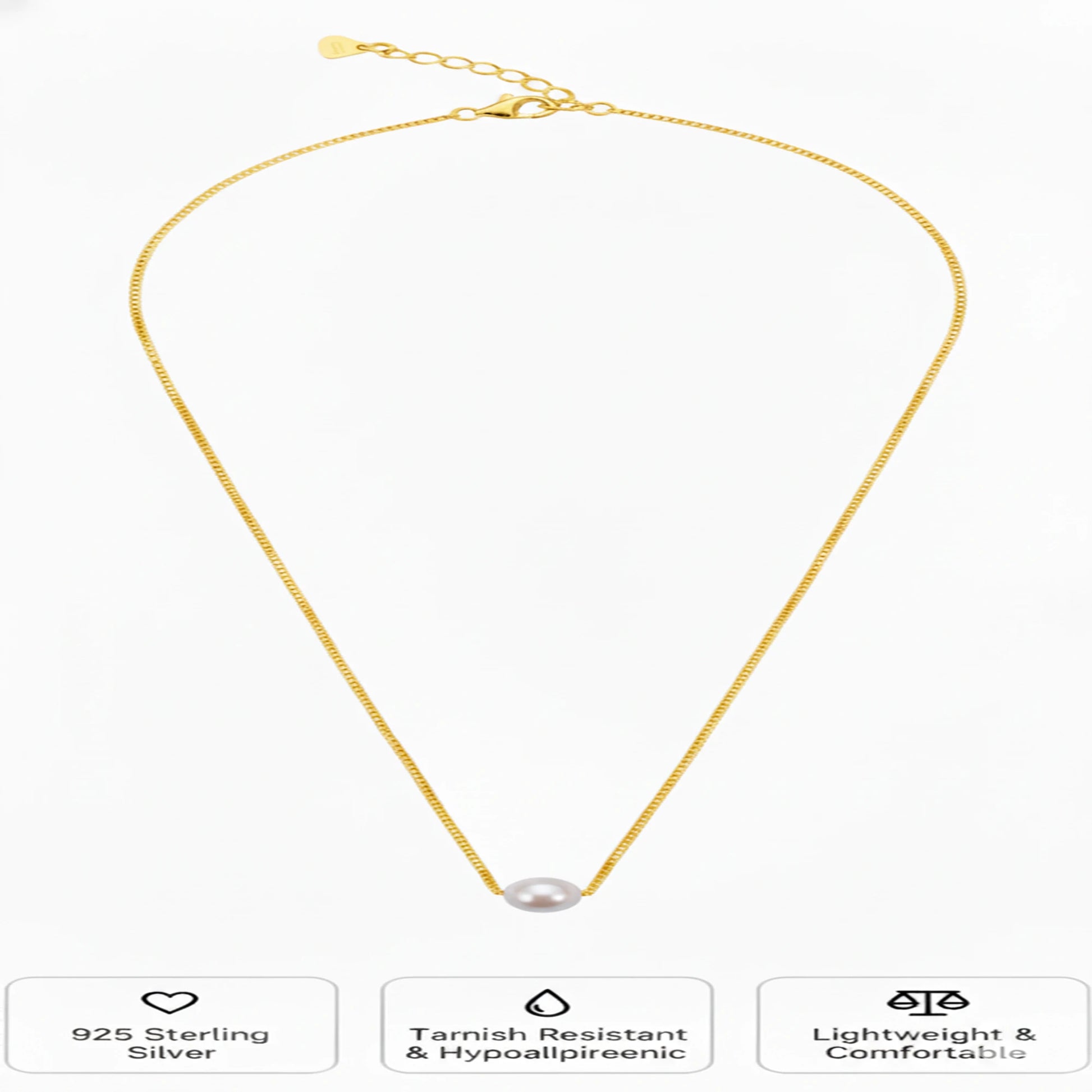 925 Sterling Silver Gold Plated Pearl Necklace| Ideal Gift For Girls & Women| Adjustable & Lightweight| Hallmark 925 Silver