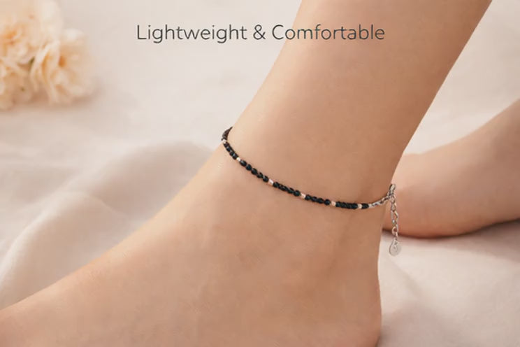 925 Silver Black Beads Anklet